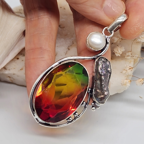 Red/Green Ametrin black Tahitian Pearl Stone Silver 925 Pendant - Picture 5 of 10